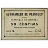 Image 1 : 50 Cèntims. -  Aj. de PLANOLES. -  Cartón. (Leves manchitas). RARO. AT-1879; T-2173. MBC+. -  -