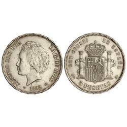 5 Pesetas. -  1892 (*18-92). -  P.G.-M. -  Tipo Bucles. (Rayas y pequeños golpecitos). MBC+/EBC-. -