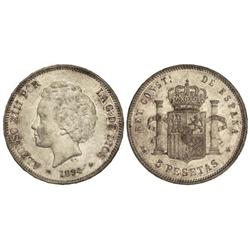 5 Pesetas. -  1894 (*18-_4). -  P.G.-V. -  Pátina irregular. (Rayitas y golpecitos). EBC-/EBC. -  -