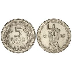 5 Reichsmark. -  1925-G. -  REP. WEIMAR. -  AR. 1000 años de Rhineland. (Pequeñas rayitas y leves go
