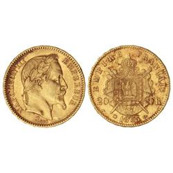 20 Francos. -  1865-BB. -  NAPOLEÓN III. -  ESTRASBURGO. -  AU. (Rayitas y pequeños golpecitos. Pequ