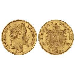 20 Francos. -  1868-BB. -  NAPOLEÓN III. -  ESTASBURGO. -  AU. (Hojita en anverso). KM-801.2. MBC+.