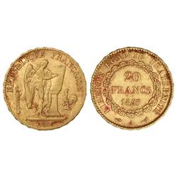 20 Francos. -  1897-A. -  III REPÚBLICA. -  PARÍS. -  AU. Ángel. (Rayas y golpecitos). KM-825. MBC/M