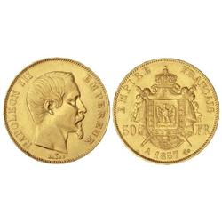 50 Francos. -  1857-A. -  NAPOLEÓN III. -  PARIS. -  AU. (Golpecito en canto). KM-785.1. EBC-. -  -