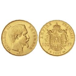 50 Francos. -  1857-A. -  NAPOLEÓN III. -  PARIS. -  AU. (Golpecito en canto). KM-785.1. EBC-. -  -