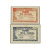Image 1 : Lote 2 billetes 50 Cèntims y 1 Pesseta. -  C.M. de CABRILS. -  Sin sello-tampón. (restos de adhesivo