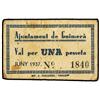 Image 1 : 1 Pesseta. -  Juny 1937. -  Aj. de GUIMERÀ. -  Cartón. RARO. AT-1217; T-1394. MBC. -  -
