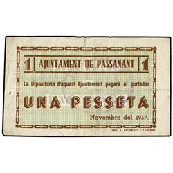 1 Pesseta. -  Novembre 1937. -  Aj. de PASSANANT. -  (Algo sucio. Roturas). ESCASO. AT-1785; T-2069.