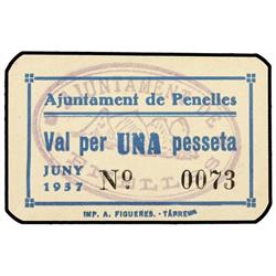 1 Pesseta. -  Juny 1937. -  Aj. de PENELLES. -  Cartón. ESCASO. AT-1799; T-2083. SC. -  -