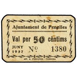 50 Cèntims. -  Juny 1937. -  Aj. de PENELLES. -  Cartón. Acento grave a cèntims. Sello en dorso. (Pe