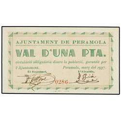 1 Pesseta. -  Març 1937. -  Aj. de PERAMOLA. -  RARO. AT-1810; T-2094. SC. -  -