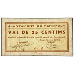 25 Cèntims. -  Març 1937. -  Aj. de PERAMOLA. -  (Algo sucio). RARO. AT-1812; T-2096. MBC+. -  -