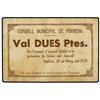 2 Pessetes. -  28 Maig 1937. -  C.M. de PORRERA. -  Cartón. Serie B. (Sucio). MUY RARO. AT-1962b; T-