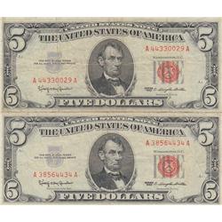 2 $5 RED SEAL LEGAL TENDER 1963