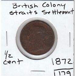 RARE BRITISH COLONY STRAITS SETTLEMENT 1/2 CENT 1872