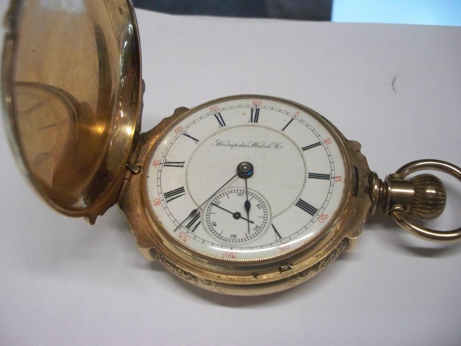 1895 HAMPDEN 14 Gold Pocket Watch Railroad Hunters S18 17jewels, Runs