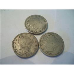 3 Liberty V Nickels,1911,1912,1908