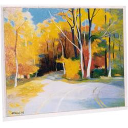 Tadashi Asoma Original Oil Painting Country Road Autumn