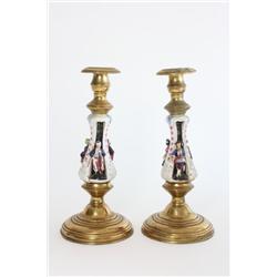 Pair porcelain & brass candlesticks