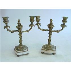 Pair bronze candelabrum 2 arm on marble bases