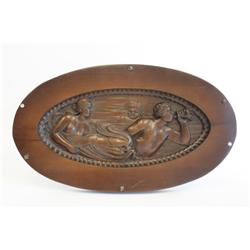 Art Deco oval carved wood plaque