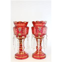 Pair red & gold glass lustres