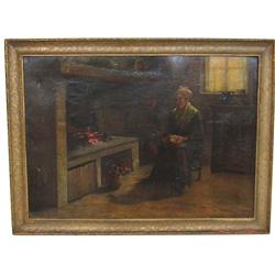 19th c. oil painting "Woman Sitting in Kitchen"