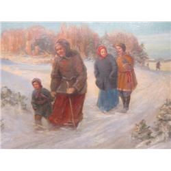 19th c. Russian oil painting of "Winter Scene"