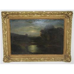 19th c. oil painting "Moonlight Landscape"
