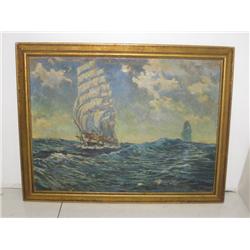 Oil painting artist signed "Ships at Sea"