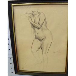 Framed pencil drawing of "Nude" dated 1927