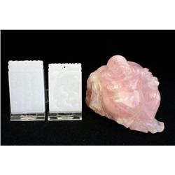 Rose quartz Buddha & pair stone carvings