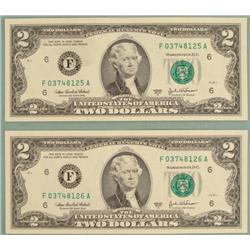 2 Consec # 2003 A $2 Bills F Mint Atlanta Notes CU