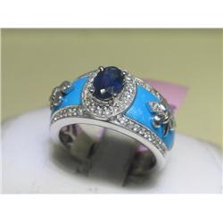 Blue Sapphire Turquoise Diamond 14K Wht Gold Ring Sz 7