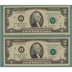 2) 2003 Consec # $2 Notes Two Dollar Bills I Mint MN CU