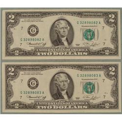 2 Consec # $2 Dollar Bills 1976 G Mint Notes Chicago