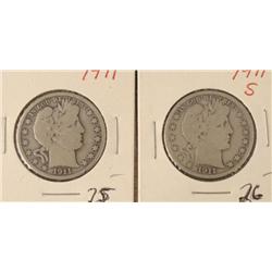 2 Barber Silver Half Dollars 1911 & 1911-S -Good Detail