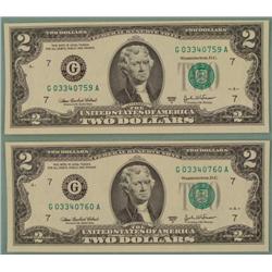2 Consec # CU 2003 A $2 Bills Notes G Mint Chicago