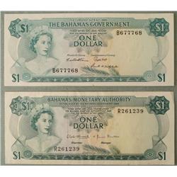 2 Bahamas Paper One Dollar Bills 1965, 68
