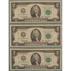 3 Consecutive # 2003 A $2 Bills Notes G Mint Chicago CU