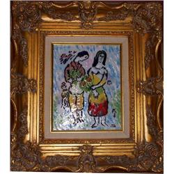 Lovers by Max Karp signed Chagall Enamel on Copper Rare