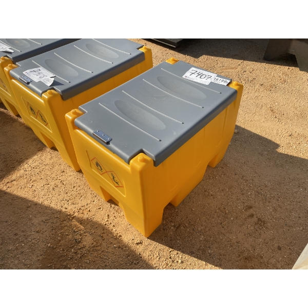 PLASTIC FUEL TANK, 12V PUMP, HOSE & NOZZLE, APPROX 55 GALLONS