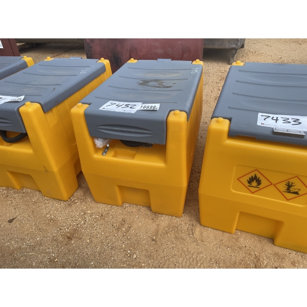 APPROX 58 GALLON PLASTIC FUEL TANK W/12v PUMP, HOSE & NOZZLE