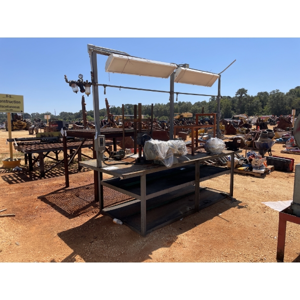 STEEL WORK TABLE, overheads, grinders & vise, 48" wide x 120 long