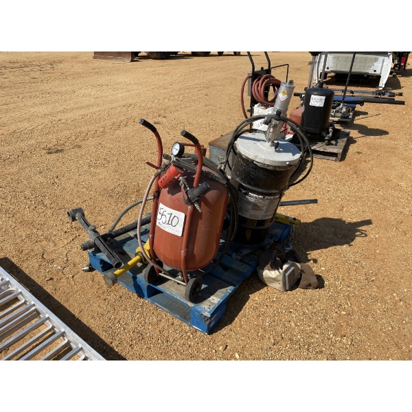 SANDBLASTER TANK, BOTTLE JACK, GREASE PUMP CART & MISC ITEMS