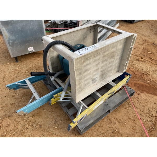 CART, (2) FIBERGLASS LADDERS, CIRCULAR SAW, VACUUM HOSE, STEP STRINGERS (3 EA)