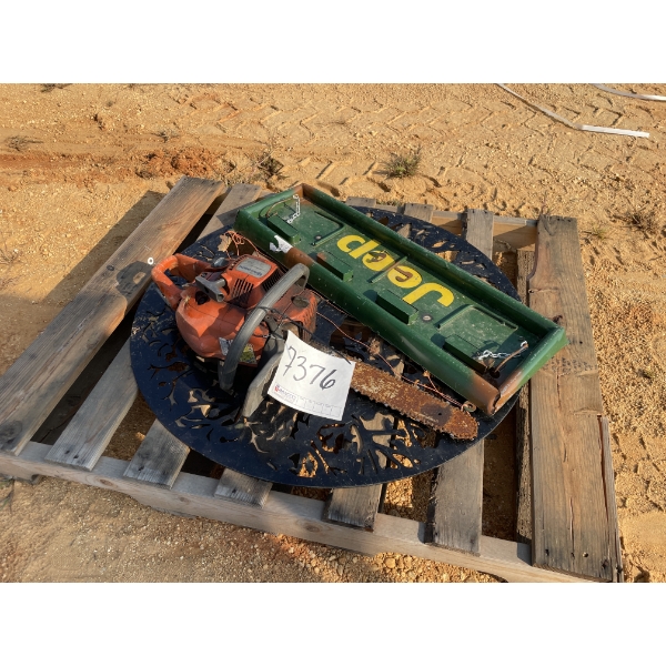 MISC ITEMS, HUSKY CHAIN SAW, METAL ART-JEEP TAILGATE, METAL ART- TREE SCENE