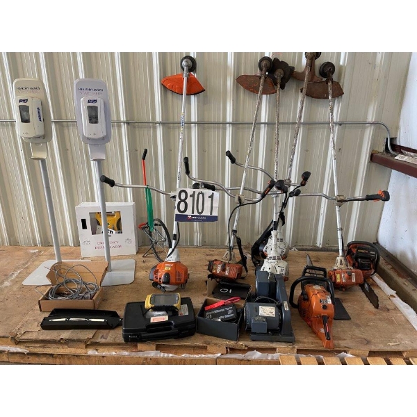 GRASS TRIMMERS, CHAIN SAWS, FAN, HAND SANITIZER DISPENSERS, DEFIBRILLATOR
