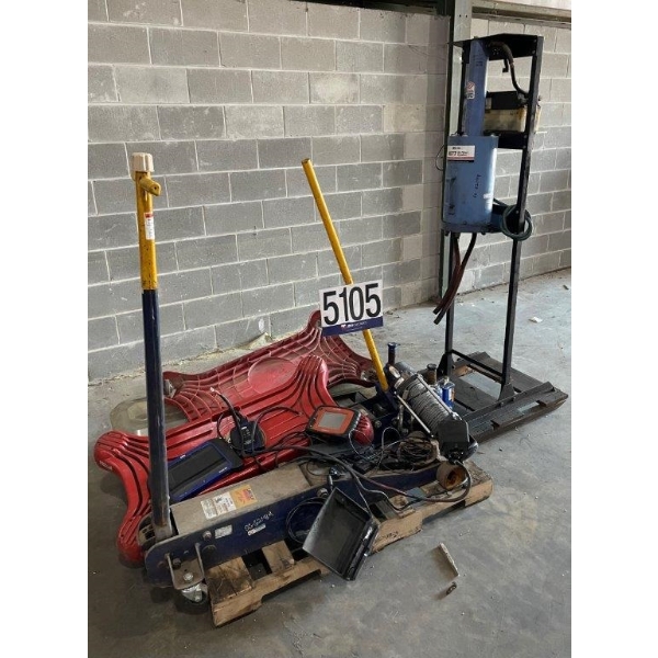 ENGINE DIANOSTIC ANALYZER, MECHANICS CREEPER, FLOOR JACK, HYDRAULIC BOTTLE JACKS, OIL FILTER CRUSHER