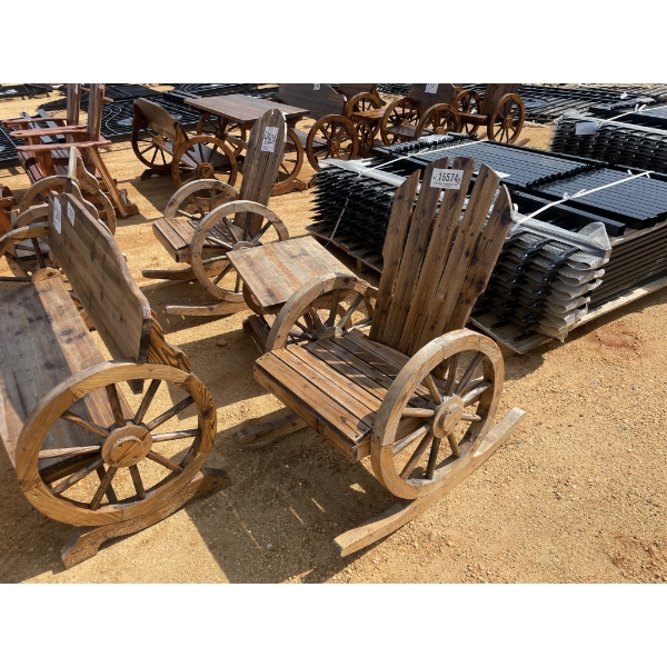 WAGON WHEEL ROCKING CHAIRS (2) & SIDE TABLE